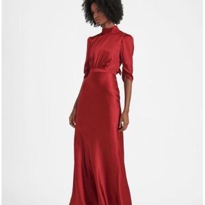 Saloni Adele hammered silk satin maxi dress in garnet red.